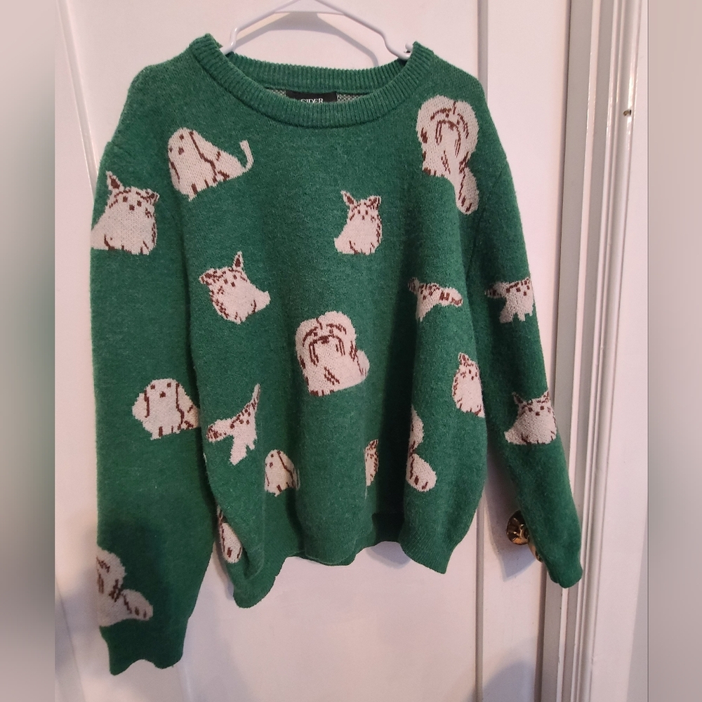 Fall Green Slouchy Doggy Print Sweater
